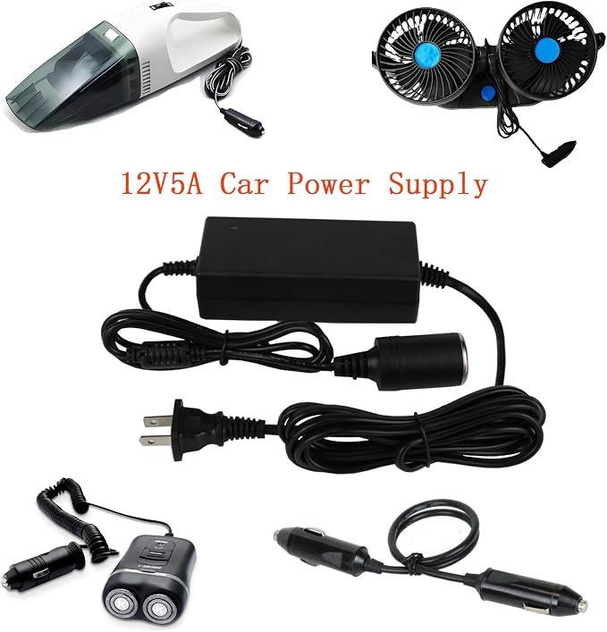 12V 5A Car Power Adapter ，Power Adaptor Plugs into Outlets，Power Supply Adaptor for Coleman Thermoelectric Hot/Cold Cooler，for Camping Home Office Dorm or Vehicle Use，with Male to Male Extension Cord