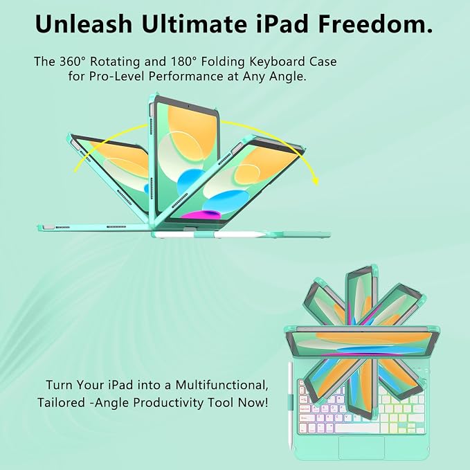 HOTLIFE for iPad A16 11th Generation/10th Generation Case with Keyboard,Touch Keyboard for iPad 11" /10th Gen 10.9 inch 2022-10 Color Backlight, 360° Rotatable Protective Cover (Lake Blue)