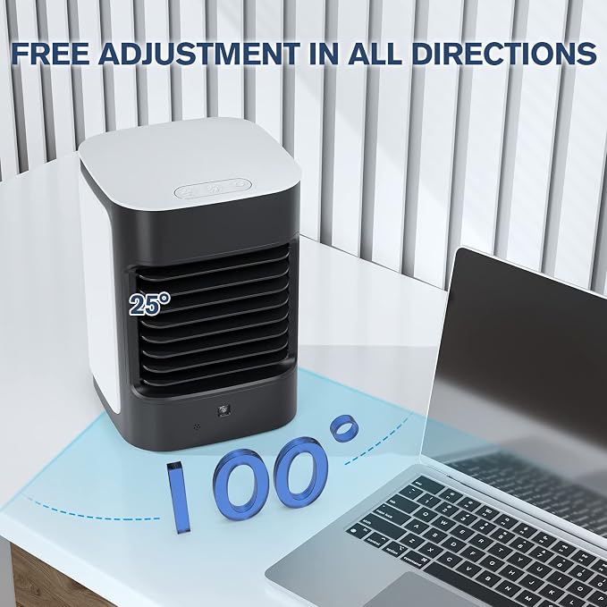 Evaporative Portable Air Cooler, 100° Oscillating Mini Air Conditioner, 3 Speeds, 7 Color LED Lights, USB Powered, Personal Mini Fan For Bedroom Table Office Outdoors