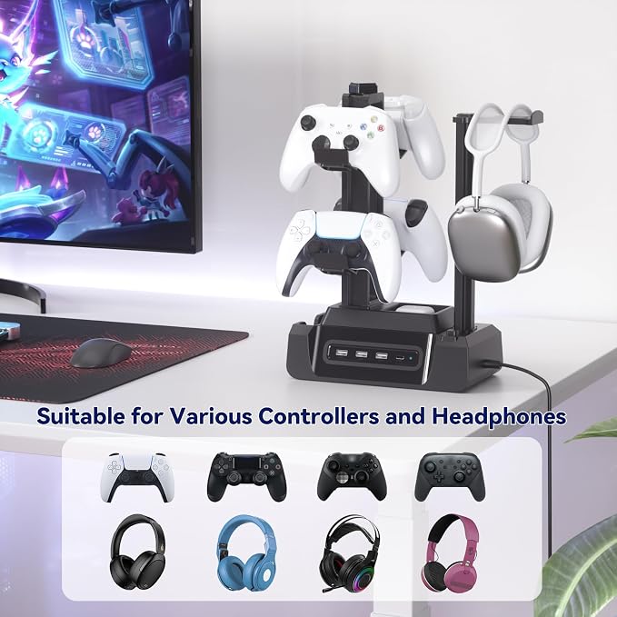 KDD Headset Controller Stand with USB A&C Charger Ports & Charging Station for Multiple Devices with Controller Headset Stand