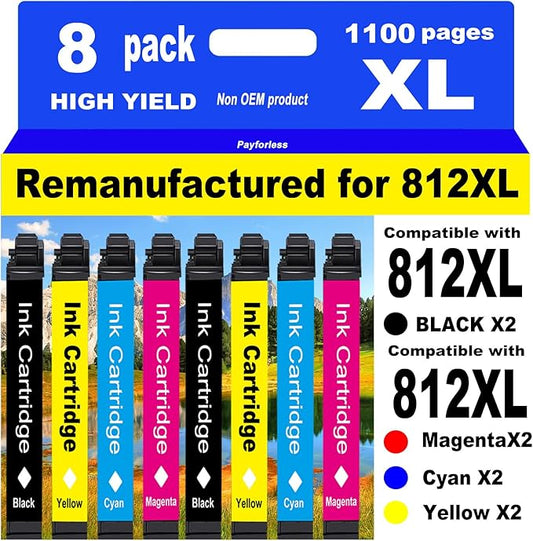 PayForLess Remanufactured Ink Cartridges Replacement for Epson 812XL Ink cartridges Combo Pack 812 XL for Workforce Pro WF-7840 WF-7820 WF-7310 EC-C7000 Printer 8 Pack