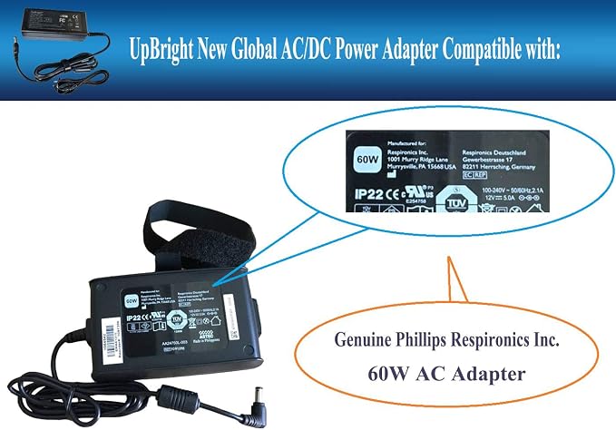 OEM Respironics 60W UL Testing Certification 12V AC/DC Adapter Compatible with Philips Respironics Dorma 500 Auto CPAP 12VDC 5.0A 12.0V 5Amp 5 A 1091398 60 Watt Power Supply Cord Cable Charger