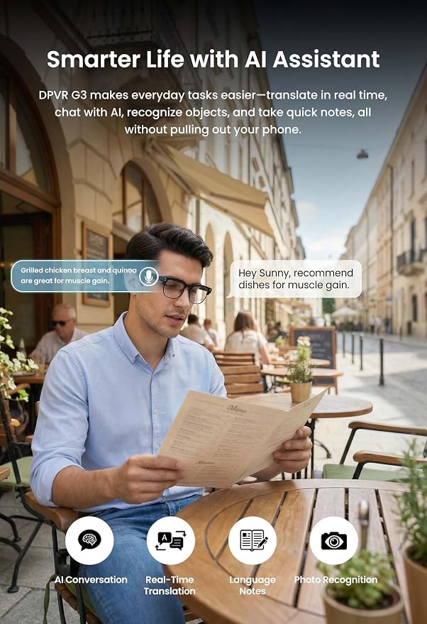 DPVR AI Smart Glasses with Camera and Bluetooth – 8MP HD Camera Glasses for Men & Women, Video Recording Glasses with Voice Assistant, 144-Language Real-Time Translation, for Travel, Work, Music, Vlog