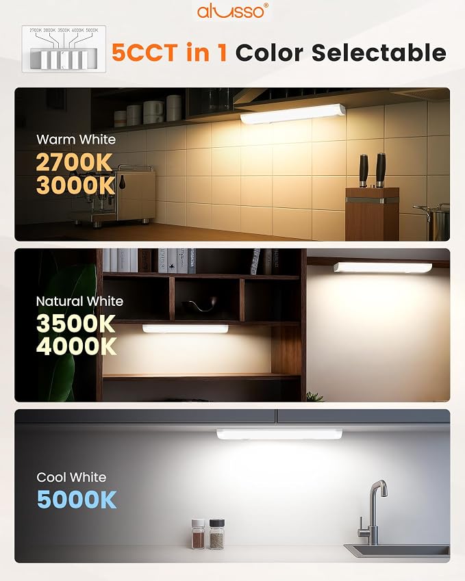 ALUSSO 12 Inch LED Under Cabinet Lighting Hardwired & Plug in 120V, 5CCT Color Selectable 2700K-5000K Dimmable 6W 510LM High Brightness, Strip Linkable Under Counter Lights for Kitchen Sink, 2 Pack