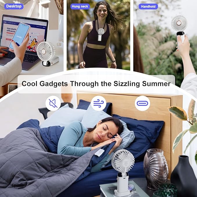 Portable Handheld Fan, 12 hours, Upgrade 3200mAh Portable Fan with LED Display, 90° Foldable, 5 Speed Wind,Hand Held/Neck/Desk 3 in 1 Personal Small Fans, Makeup Fans for Women (White)