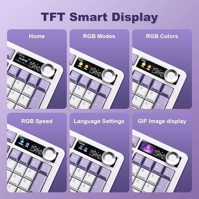 AJAZZ AK980 Mechanical Keyboard, Creamy & Thocky with Smart Display & Knob, 98% Wireless Tri-Mode BT/2.4G/USB-C, Hot Swappable, RGB Light for Win & Mac (Purple, Murad Switch)