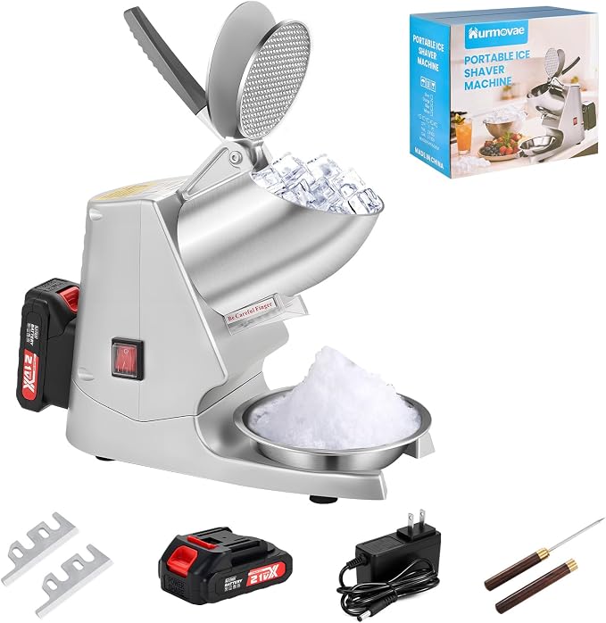 Portable Cordless Ice Shaver Machine, 178Ibs/h Dual Blade & Single Battery | 180W Battery Powered Ice Crusher Machine for Home Use &Outdoor (Backyard & Patio), Extra Blades & Ice Pick, Silver