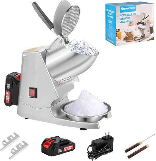 Portable Cordless Ice Shaver Machine, 178Ibs/h Dual Blade & Single Battery | 180W Battery Powered Ice Crusher Machine for Home Use &Outdoor (Backyard & Patio), Extra Blades & Ice Pick, Silver