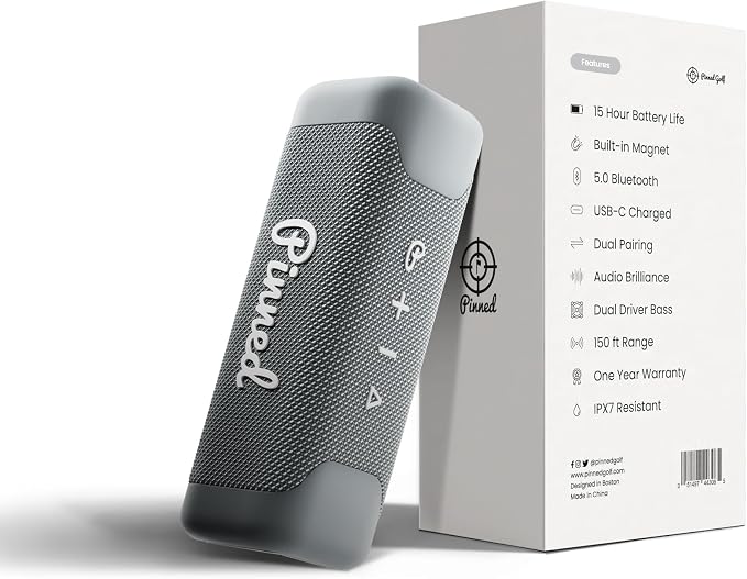 Pinned The Sound Stick Speaker - 100% Waterproof Shower Speakers - Magnetic, Wireless Speakers with Bluetooth for Outdoors - Golf Gifts for Men - 15+ Hour Battery Life, Dual Speaker Pairing - Gray