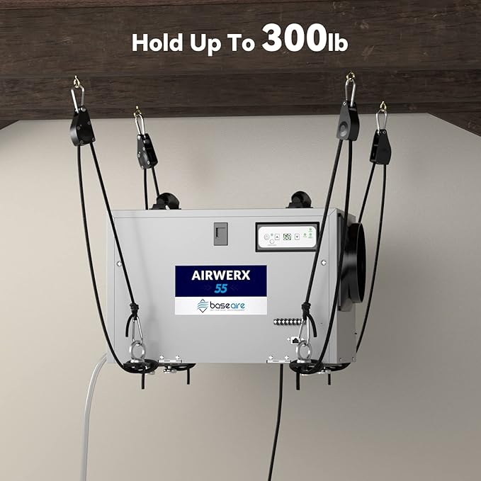 BaseAire Dehumidifier Hanging Kit for Crawl Space & Basement Dehumidifiers Airwerx 35P/55/ 65X/ 90/ 90X/ 100X/ 120X, Easy Way to Raise and Lower Dehumidifier, Helps Reduce Noise and Vibration of the
