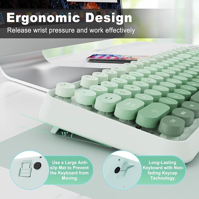 Wireless Keyboard and Mouse | Cute Colorful Keyboard and Mouse with 2.4GHz Cordless Retro Typewriter Keyboard | Auto-Sleep | USB Receiver for Windows PC/Laptop - Green Gradient