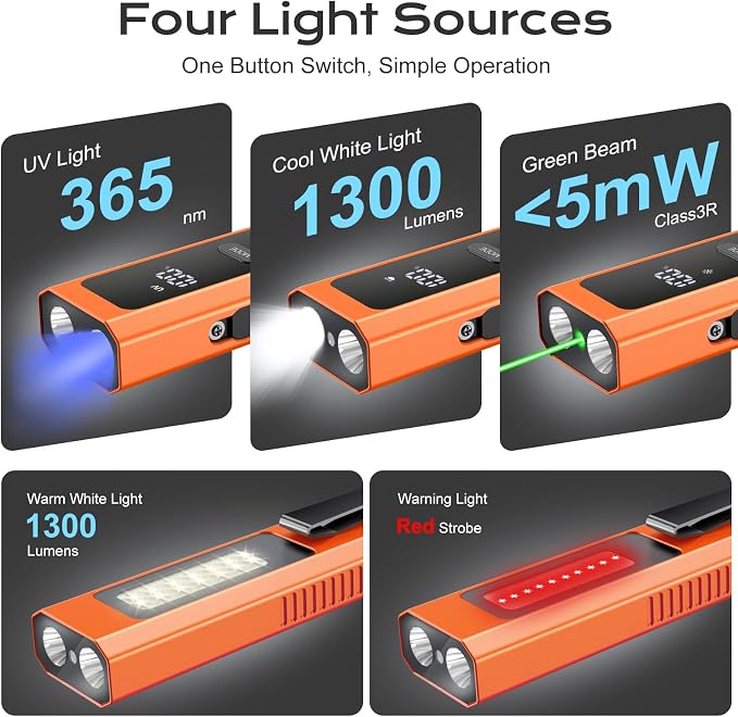 EDC Flashlight 4 in 1 Pocket Magnetic Slim Flat Flashlight High Lumens Work Light with Green Beam & UV Light & Warning Light Combo EDC Rechargeable LT-010 (Orange Color)