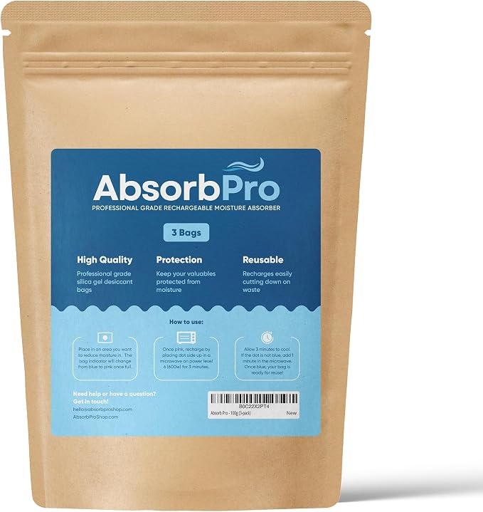 Absorb Pro Rechargeable Dehumidifier Bag 3-Pack - 100g Reusable Moisture Absorbers - Silica Gel Packets for Bins, Totes, Gun Safe, Food Storage, Clothes, Cars, and Boats