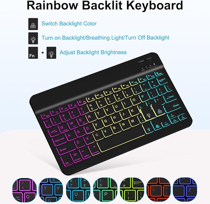 EAMPANG Case with Keyboard for Samsung Galaxy Tab A9 Plus 11 inch (SM-X210/X215/X216/X218),7 Color Rainbow Backlight Detachable USB-C Keypad Magnetic Case with Pen Slot for Tablet A9+ 5G Dark Black