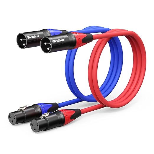10ft XLR Cable for Microphone 2-Pack, XLR Male to Female Balanced Cable, Nickel-Plated 3-Pin, Chuck-Type Strain Relief, Shielded Low Noise OFC Mic Cord for Mixers, Speakers, Stage & Live (Blue+Red)