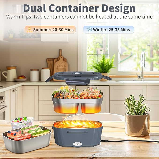 Vingud Electric Lunch Box for Adults, Heated Lunch Box for Men w/Dual 1.5L SS Containers, Portable 80W Food Warmer for Car/Truck, Lonchera Eléctrica Portátil Christmas White Elephant Gifts, Dark Grey