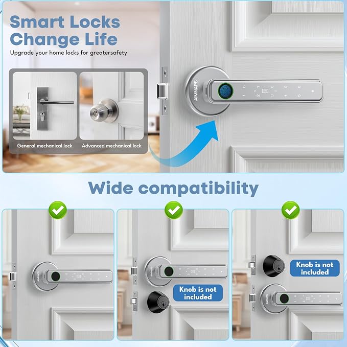 Fingerprint Door Lock, Door Locks for Bedroom, Keyless Entry Door Knob with Handle,Generate Passcode Remotely-Smart Door Lock for Apartment, Office (Silver 02)