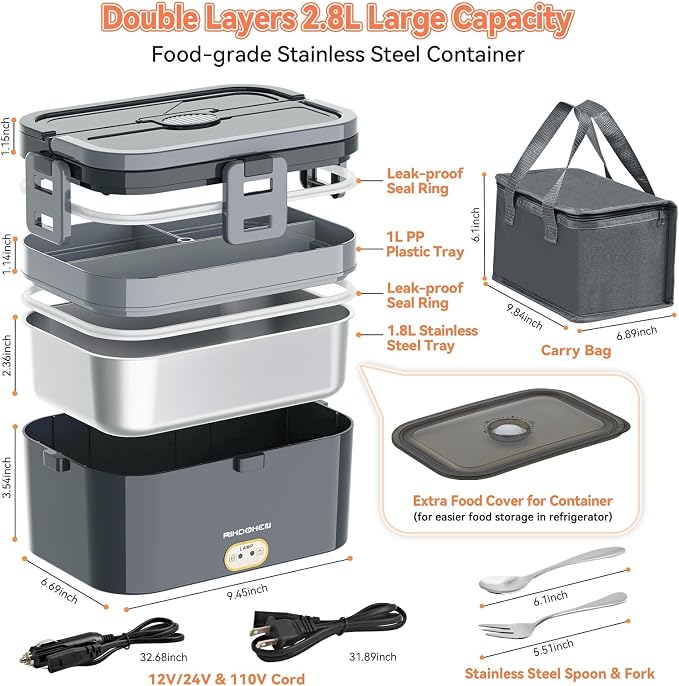 80W Faster Larger Electric Lunch Box Heater 2.8L with 2 Layers for Car Truck Work Home, 12V 24V 110V Portable Stainless Steel Food Warmer, Leak-proof Lunch Heater with Bag, Spoon, Fork for Adults