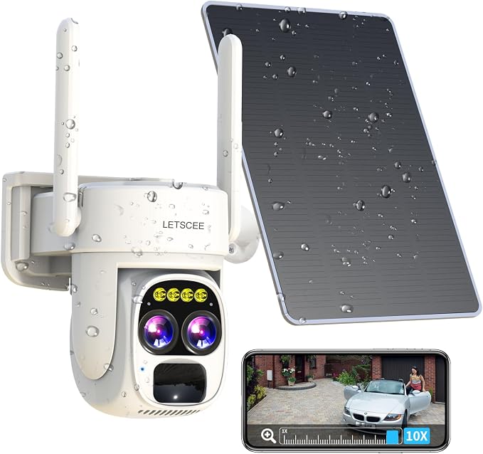 LETSCEE Security Cameras Wirelss Outdoor for Home Security, Alexa Cameras Solar Power,360 View Outside Camera,Motion Detection,10x Hybrid Zoom PAN Tile,IP-65 Weather Proof (1 Pack)