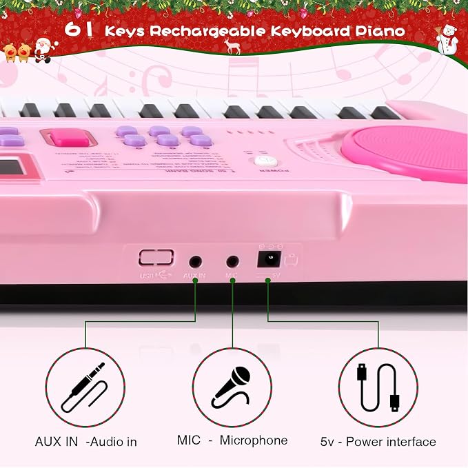 WOSTOO 61 Key Piano Keyboard for Kids, Portable 24.6-Inch Electronic Digital Piano with Follow Teaching Mode, Music Stand, Microphone & Recording, Educational Musical Instrument for Beginners, Pink