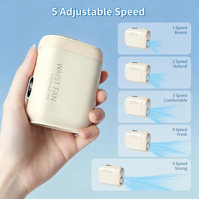 Portable Handheld Fan Rechargeable Hands-Free Hanging Neck Fan with Cold Compress LED Display 3000mAh 5 Speed 4 IN 1 Personal Fans for Hand, Neck, Desk, Clip, Outdoor, Travel, Beach, Makeup, Beige