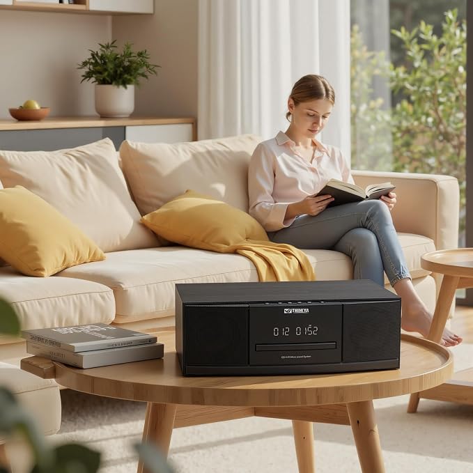 JA-318 CD Player Stereo System for Home, 36W RMS HiFi Bluetooth 5.3 CD Player with Speakers, FM Radio 40 Presets, USB/AUX Playback, LED Clock & Alarm, IR Remote Control, Modern Black Wood