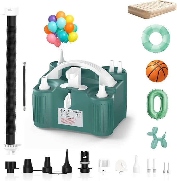 Electric Balloon Pump 4-in-1 Air Pump Portable Electric Balloon Blower Machine Dual Nozzle Quick-Fill 110V AC Inflator Deflator for Balloons Pool Floats Air Mattress Inflatables