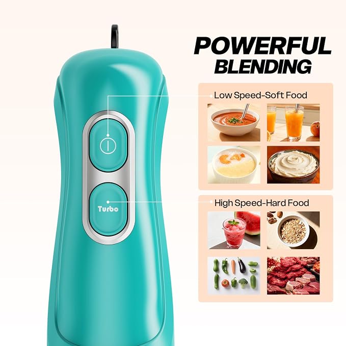 Turelar Immersion Blender Handheld, Corded Electric Blenders Portable Stick Mixer with 2 Mixing Speed and Stainless Steel Blades Emulsifier for Effortless Blending Soup, Smoothies, Puree or Baby Food