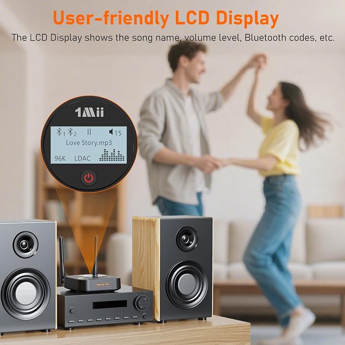 1Mii B06Pro+ Hi-Fi Bluetooth 5.3 Audio Receiver, LDAC Hi-Res Wireless Audio Adapter for Home Stereo w/aptX HD Low Latency, LCD Display, Long Range, Volume Control, 3.5mm AUX Optical Coaxial