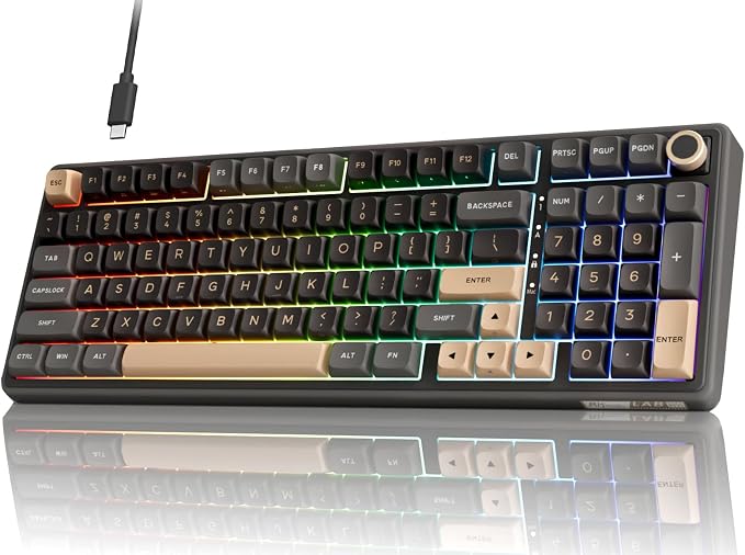 RK ROYAL KLUDGE R98 Pro Wired Mechanical Keyboard, RGB PC Gaming Keyboard with Number Pad and Volume Knob, Gasket Mount, MDA Profile PBT Keycaps, for Win/Mac, Hot Swappable Tactile Beige Switch