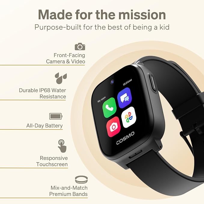 JrTrack 5 Kids Smart Watch by Cosmo | Best Kid-Safe Phone Watch | Precision Real-Time GPS Tracking | Call, Text, Activity, School Settings | Spotify Music | Parental Controls | SOS & Safety Alerts