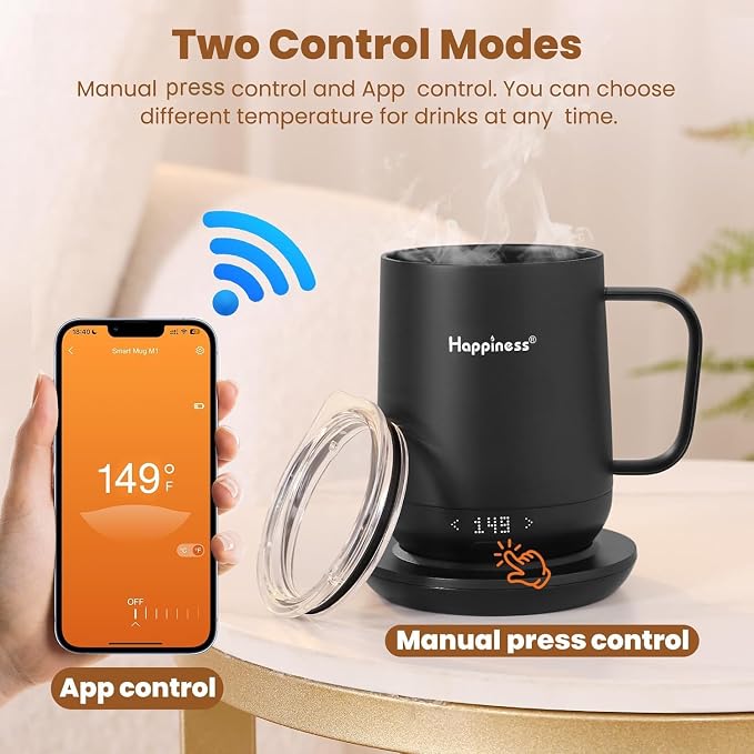 Happiness Smart Heated Coffee Mug 12oz,Rechargeable Electric Self Heating Temperature Control Coffee Cup Gifts for Mom Dad Women Men