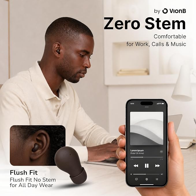 Air VionB Skin Tones Invisible Earbuds for Small Ears - Wireless Bluetooth 5.4, Skin-Matching Mini Stemless Ear Buds, IPX5 Waterproof, ENC Noise Cancelling, Discreet for Work (Deep Espresso)