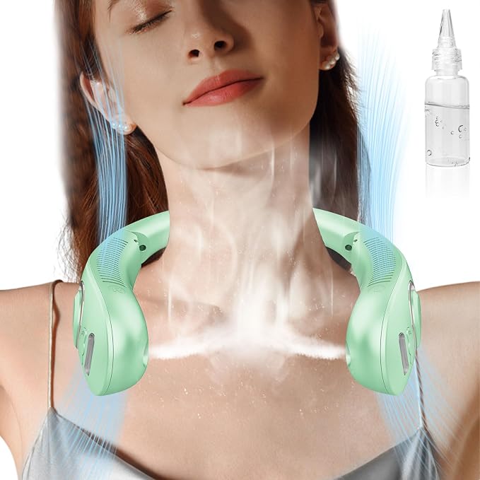 Neck Fan that Blow Cold Air with Water Mist, Rechargable USB-C & LED Display, Personal Ventilador de Agua de Aire Frio, Mobile Portable Wearable AC Fans for Kid Girl Mens Outdoor Travel Sports, Green