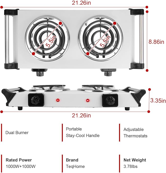 Moclever Hot Plate Electric Stove, 2000W Portable Cooking Stove w/Cooling Handle, 5 Levels of Adjustable Temperature, Countertop Burners Dual Coil Burner for Home RV Camping, Fits All Cookware