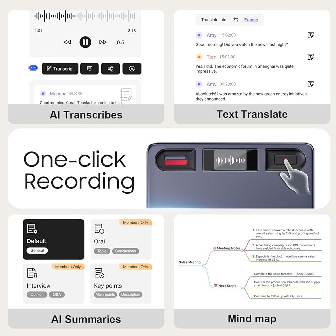 AI Voice Recorder, AI Note Taker w/APP Control and Transcription & Summarize, 150 Languages, Noise Cancellation, 64GB Memory, Pocket Note Pro Taking Device for Meeting, Interviews & Calls