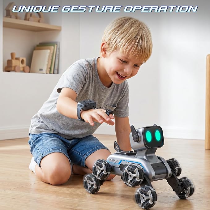 Robot Dog, RC Stunt Car for Kids Adults, 8WD Eight Wheeled Stunt Robots Dog with LED Eyes and Music, Gesture Sensing & 2.4Ghz Remote Control Cars, Rechargeable Indoor Outdoor Toy Gift for Kids 6-12