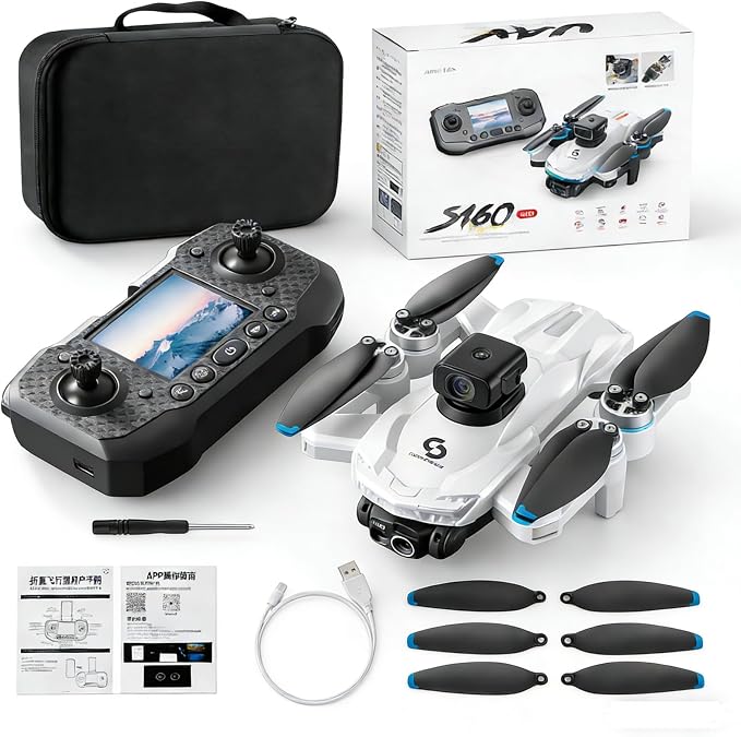 ikaufen S160 Drone with Built-in screen control, Camera for Adults RC Drone With HD Dual Camera WiFi FPV Foldable Quadcopter Aircraft +2 Battery (S160 screen control+2Batte White1)