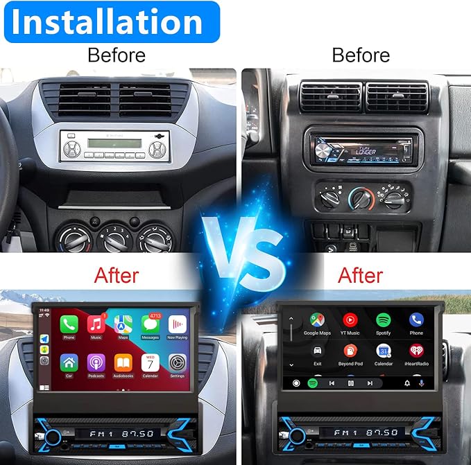 Naifay Single Din Car Stereo Compatible with Apple Carplay & Android Auto, 7inch Flip Out Touchscreen Car Radio with Bluetooth Foldable Car Audio Receivers, Mirror Link/Camera/FM/USB/AUX/TF/Subwoofer
