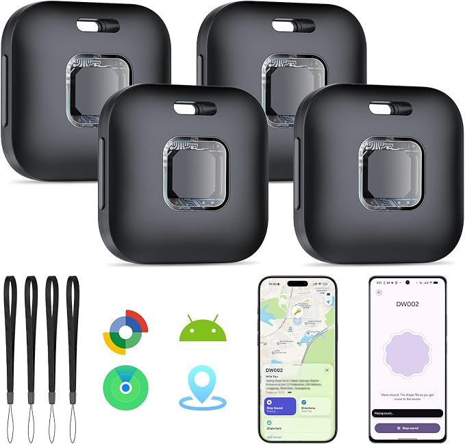 Hoxe Dual System (iOS & Android) Air Tracker Tags 4 Pack, 2026 New Key Finder Tracker Tag Work with Apple Find My & Google Find Hub App, Black Smart Tag Suitable for Key, Bag, Luggage, Pet, Car, etc