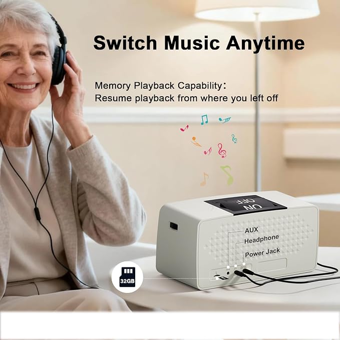 Large Button Simple Music Player for Seniors, Easy MP3 Player for Elderly, Dementia, Blind,Alzheimer's & Visually Impaired, Music Box with 32GB TF Card, One-Touch Play (Gray)