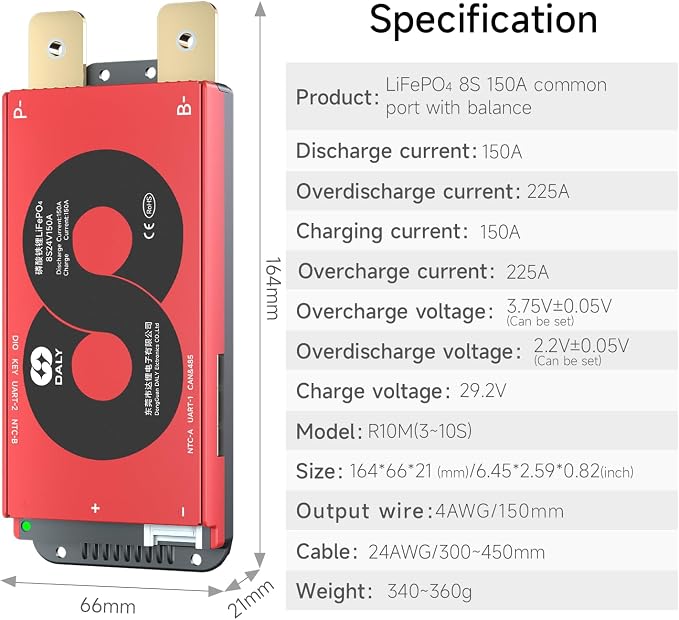 DALY Smart BMS 4S-16S 40A-500A with WiFi Module and CAN 485 Communication Protection Board for LifePO4 Lithium Battery Pack (Smart BMS 8S 24V，150A)