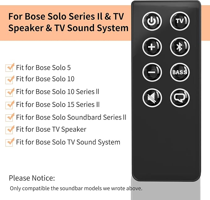 2PCS Replacement Remote Control for Bose Solo 5 10 15 Sound Bar, Compatible with Bose Solo 5 10 15 Series II TV Sound System 410376 418775 431974 845194 740928-1120 838309-1100 with CR2025 Battery