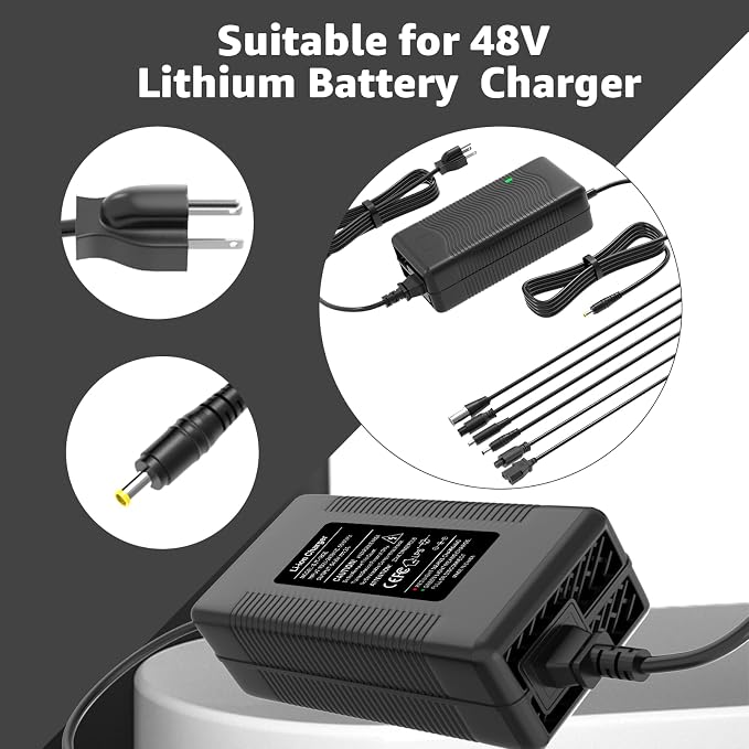 54.6V 2A Fast Charger 7 in 1 Plugs for 48V Lithium Batteries, Universal Power Adapter for 48V-54.6V Lithium Batteries