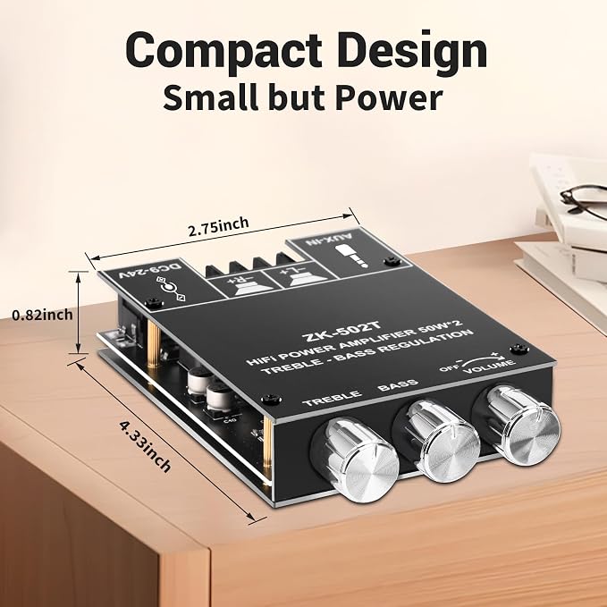 Daakro ZK-502T Bluetooth Amplifier Board,50W+50W 2.0 Channel Amp Board with Treble and Bass Control,DC 12-24V, Bluetooth and AUX Inputs, Audio Amp Board for Home DIY Wireless Speakers, Password Free