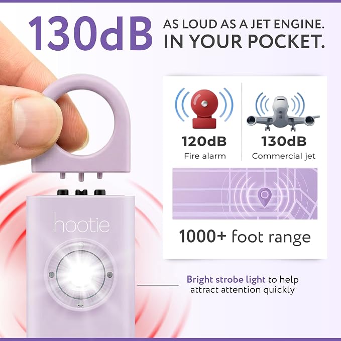 HOOTIE Personal Safety Alarm for Women, Men and Kids — 130dB Personal Alarm Keychain, Pull Pin Safety Alarm Keychain with Strobe Light, Self-Defense Alarm for Campus, Travel and Running — Lavender