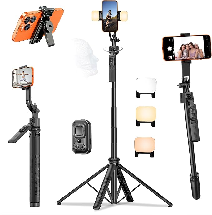 63" Phone Tripod with Auto Face Tracking, 360° Rotation Selfie Stick Tripod for iPhone & Action Camera, Detachable Phone Holder & Wireless Remote, Portable Tripod for Video Recording/Vlogging/Live