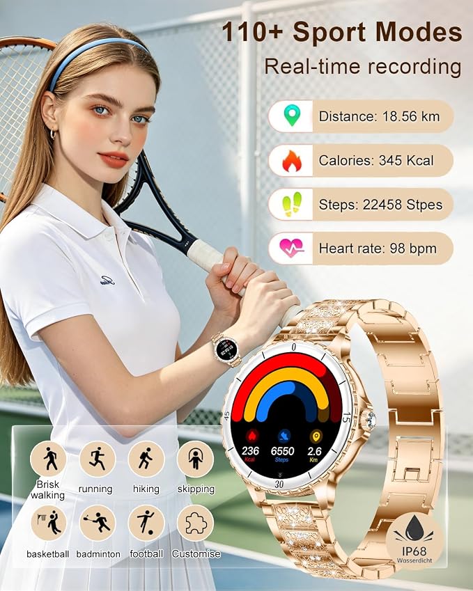 Smart Watches for Women, 1.27" HD Smartwatch with Diamond Strap Compatible Android/iOS, Answer/Make Call, IP68 Waterproof Fitness Tracker with SpO2, Sleep Monitor, 120+ Sport Models, Rosegold