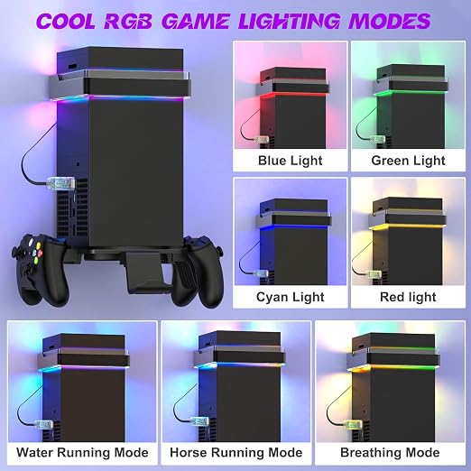Wall Mount for Xbox Series X/S-Wall Mount Kit with 2 Controller Holder &1 Headset Stand & RGB Light, Xbox series X/S Wall Mounted Bracket Shelf Stand- Safely Organize Your Xbox X/S Series Accessories