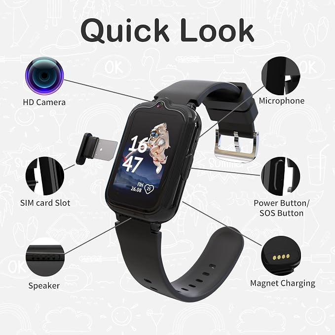 4G Kids Watch with GPS Tracker Smart Watch for Boys HD Touch Screen Video & Voice Chat Calling Pedometer SOS Alarm Calculator Camera Waterproof Digital Watch Age 5-12